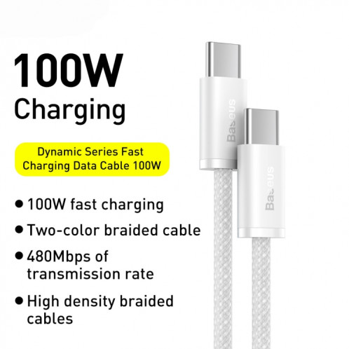 BASEUS CALD000202 Série dynamique 100W USB-C / TYPE-C sur le câble de données de charge rapide USB-C / C / C / C / C, Longueur du câble: 1M (blanc) SB501A516-08