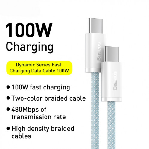 BASEUS CALD000203 Série dynamique 100W USB-C / TYPE-C sur le câble de données de charge rapide USB-C / C / C / C / C / C / Cable Longueur: 1m (bleu) SB501B769-08