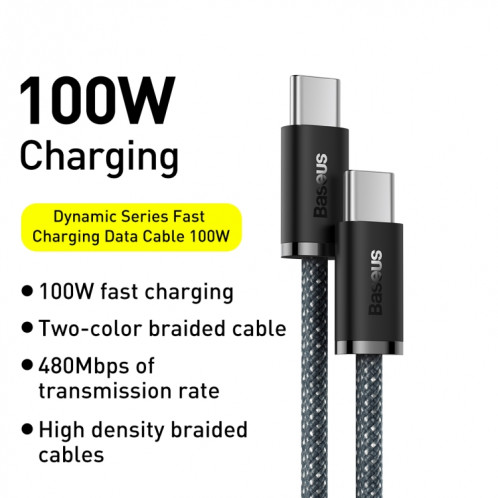 BASEUS CALD000216 Série dynamique 100W USB-C / TYPE-C sur le câble de données de charge rapide USB-C / C / C / C / C, Longueur du câble: 1m (bleu gris foncé) SB501C808-08
