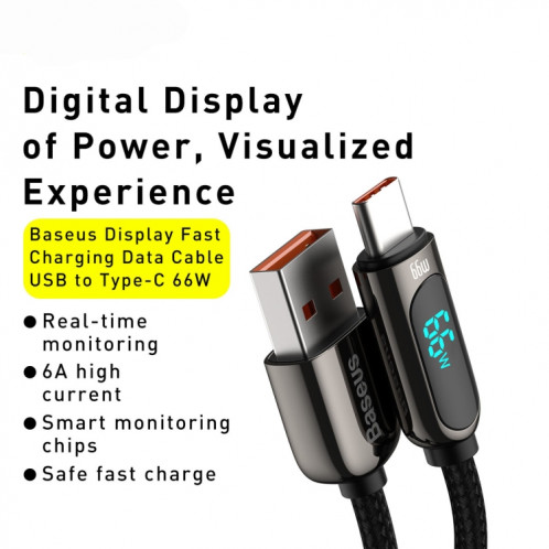 BASEUS CASX020101 66W USB TO USB-C / TYPE-C Données numériques Câble de chargement rapide, Longueur du câble: 2M (Noir) SB502A283-07