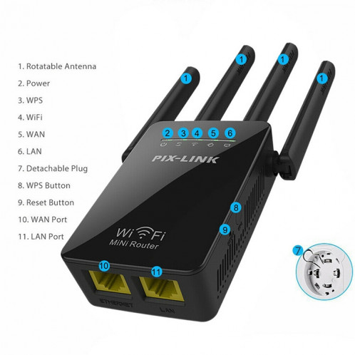 Répéteur de routeur WiFi intelligent sans fil avec 4 antennes WiFi, spécification de prise: prise UE (noire) SH301A806-08