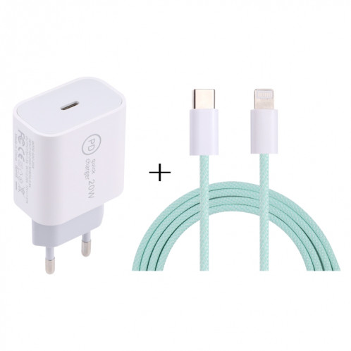 SDC-20W PD Chargeur de voyage USB-C / TYPE-C + 1M 12W USB-C / Type-C à 8 broches Set de câble de données, (Vert) SH401B354-07