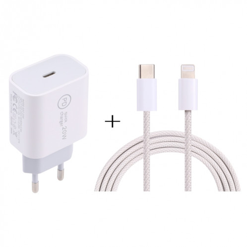 SDC-20W PD Chargeur de voyage USB-C / TYPE-C + 1M 12W USB-C / TYPE-C à 8 broches Set de câble de données, (Blanc) SH401D675-07