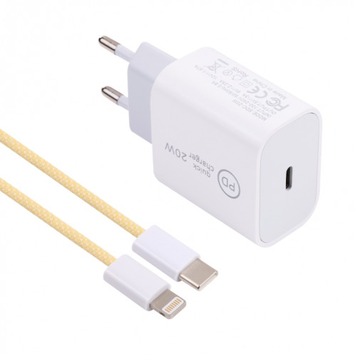 SDC-20W PD Chargeur de voyage USB-C / TYPE-C + 1M 12W USB-C / TYPE-C à 8 broches Set de câble de données, (jaune) SH401E1007-07