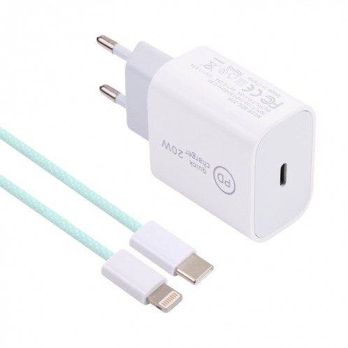 SDC-20W PD Chargeur de voyage USB-C / TYPE-C + 1M 20W USB-C / TYPE-C à 8 broches Set de câble de données, Fiche EU (Vert) SH601B1943-07
