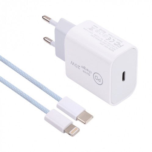 SDC-20W PD Chargeur de voyage USB-C / TYPE-C + 1M 20W USB-C / TYPE-C à 8 broches Set de câble de données, Plug UE (bleu) SH601C1806-07