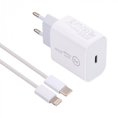 SDC-20W PD Chargeur de voyage USB-C / TYPE-C + 1M 20W USB-C / Type-C à 8 broches Set de câble de données, Fiche EU (Blanc) SH601D1202-07