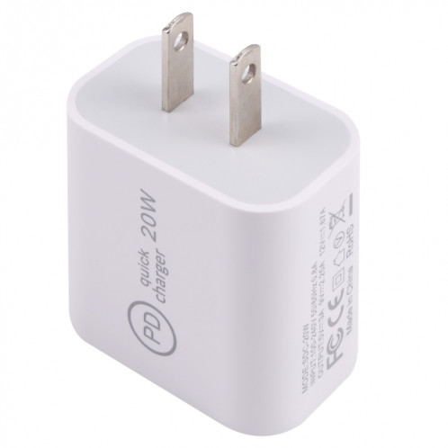 SDC-20W PD Chargeur de voyage USB-C / TYPE-C + 1M 20W USB-C / TYPE-C à 8 broches Cable de câble de données, Fiche US (Blanc) SH602D1538-07