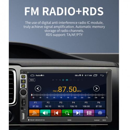 S-8802C 7 pouces IPS Car Player Android Player GPS Navigation Bluetooth Touch Radio FM, Miroir Support Link & FM & WiFi et Contrôle du volant SH3320799-011