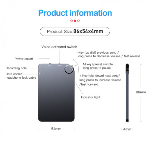 Enregistreur vocal de carte ultra-mince portable K2, capacité: 4 Go (noir) SH101A546-013