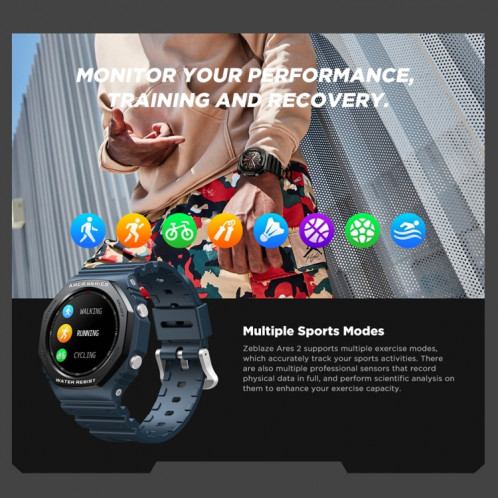 Zeblaze Ares 2 1,09 pouce Color Touch Screen 5ATM Water Smart Watch, Support Surveillance du sommeil / Surveillance de la fréquence cardiaque / Surveillance de la tension artérielle / Mode multi-sports (Vert) SZ401C1993-08