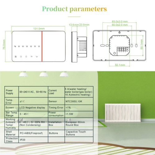 BHT-005-GA 220V AC 3A Thermostat de chauffage à domicile SMART pour la boîte de l'UE, chauffage de l'eau de contrôle avec un seul capteur interne SH36741069-08