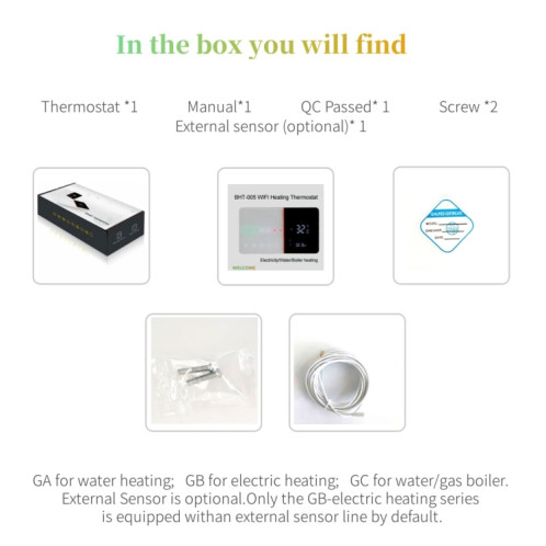 BHT-005-GC 220V AC 3A Thermostat de chauffage à domicile SMART pour la boîte de l'UE, chauffage de la chaudière de contrôle avec un seul capteur interne SH36891766-08