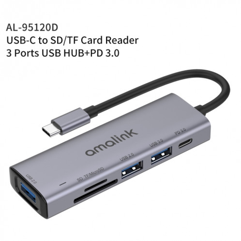 AMALINK 95120D Type-C / USB-C à SD / TF + 3 ports USB + PD 3.0 HUB multifonctions (gris) SA801A847-06