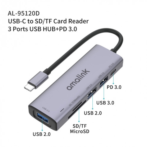 AMALINK 95120D Type-C / USB-C à SD / TF + 3 ports USB + PD 3.0 HUB multifonctions (gris) SA801A847-06