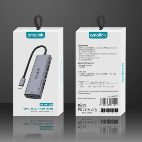AMALINK 95120D Type-C / USB-C à SD / TF + 3 ports USB + PD 3.0 HUB multifonctions (gris) SA801A847-06