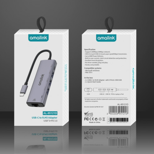 Amalink 95121D Type-C / USB-C à RJ45 + 3 ports HUB Multi-Fonctionnement USB + PD 3.0 (gris) SA001A579-07