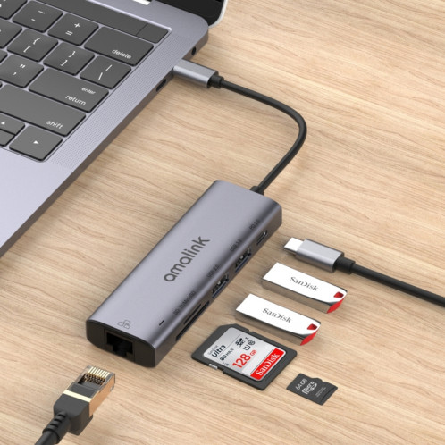 Amalink 95122D Type-C / USB-C sur RJ45 + 2 ports HUB Multi-Fonctionnement USB + PD 3.0 (gris) SA201A886-07