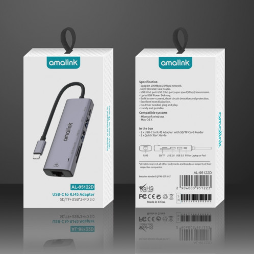 Amalink 95122D Type-C / USB-C sur RJ45 + 2 ports HUB Multi-Fonctionnement USB + PD 3.0 (gris) SA201A886-07