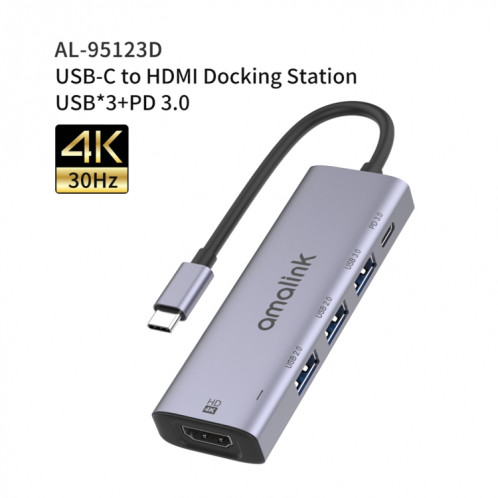 Amalink 95123D Type-C / USB-C à HDMI + 3 ports Hub USB + PD 3.0 Multi-Fonctions (gris) SA501A1706-07