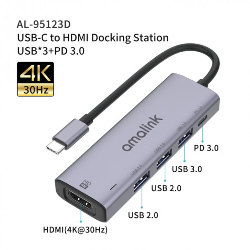 Amalink 95123D Type-C / USB-C à HDMI + 3 ports Hub USB + PD 3.0 Multi-Fonctions (gris) SA501A1706-07