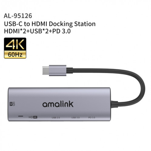 Amalink 95126 Type-C / USB-C à Dual HDMI + 2 ports USB + PD 3.0 Hub multifonctions (gris) SA501A65-07