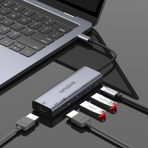 Amalink 95126 Type-C / USB-C à Dual HDMI + 2 ports USB + PD 3.0 Hub multifonctions (gris) SA501A65-07