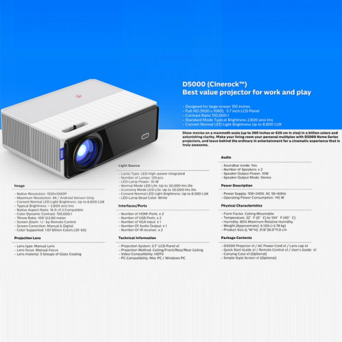 Vivibright D5000 1920X1080P 420ANSI 6000LUMENS LCD + LED HD Digital Projecteur, Version de base Plug SV18011904-09