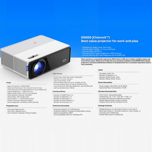 Vivibright D5000 1920x1080p 420SANSI 6000LUMENS LCD + LED HD Digital Projecteur, Android 9.0 Plug Eu SV1803879-09