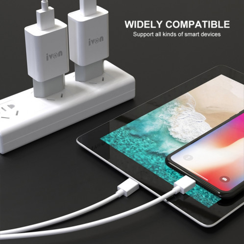 Ivon Ad-33 2 en 1 2.1a Chargeur de voyage à port USB unique + 1M USB à micro-câble de données USB de données USB, (Blanc) SI201A1144-07