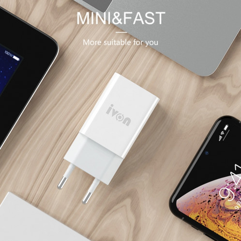 Ivon Ad-33 2 en 1 2.1A Chargeur de voyage à port USB unique + 1M USB sur USB-C / Type-C Set de câble de données, Plug UE (blanc) SI401A1236-07