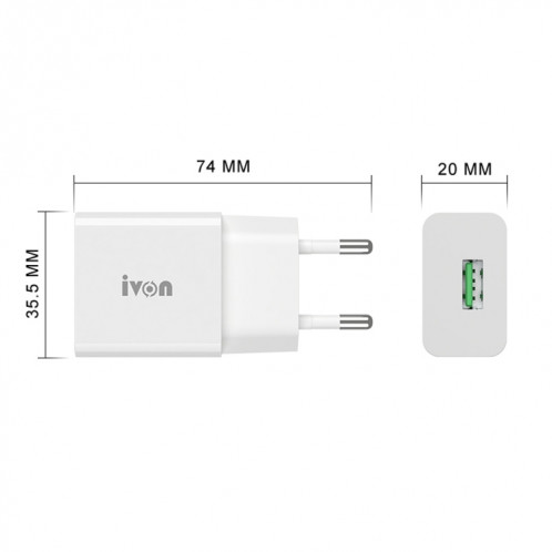 Ivon Ad-35 2 en 1 18W QC3.0 Port USB Chargeur de voyage Port + 1M USB à USB-C / Type-C Set de câble de données, Fiche EU (Blanc) SI901A1721-07