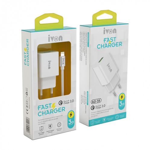 Ivon Ad-35 2 en 1 18W QC3.0 Port USB Chargeur de voyage Port + 1M USB à USB-C / Type-C Set de câble de données, Fiche EU (Blanc) SI901A1721-07