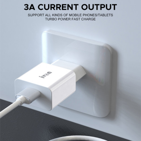 Ivon Ad-35 2 en 1 18W QC3.0 Port USB Chargeur de voyage Port + 1M USB à USB-C / Type-C Set de câble de données, Fiche EU (Blanc) SI901A1721-07
