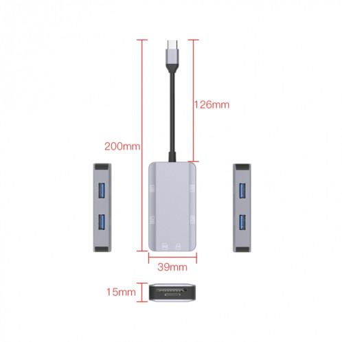 NK-3049 6 en 1 USB-C / Type-C à la fente de la carte TF / SD + 4 Adaptateur femelle USB (gris espace) SH001A516-07