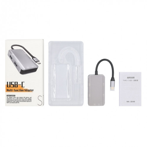NK-3049 6 en 1 USB-C / Type-C à la fente de la carte TF / SD + 4 Adaptateur femelle USB (gris espace) SH001A516-07