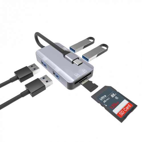 NK-3049H 6 en 1 USB-C / Type-C à la fente de la carte TF / SD + USB 3.0 + 3 USB 2.0 Adaptateur femelle (gris espace) SH501A1451-07