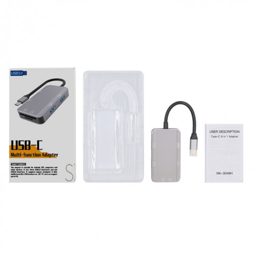 NK-3049H 6 en 1 USB-C / Type-C à la fente de la carte TF / SD + USB 3.0 + 3 USB 2.0 Adaptateur femelle (gris espace) SH501A1451-07