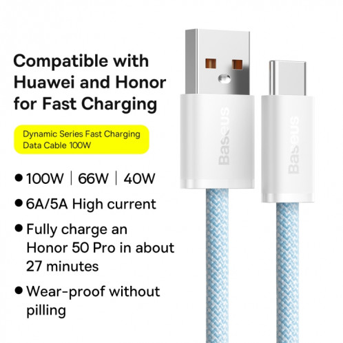 BASEUS 100W USB à type C / USB-C Dynamic Series Câble de données de chargement rapide, longueur: 2m (bleu) SB102B353-07