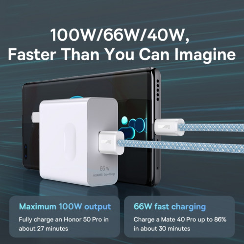 BASEUS 100W USB à type C / USB-C Dynamic Series Câble de données de chargement rapide, longueur: 2m (bleu) SB102B353-07