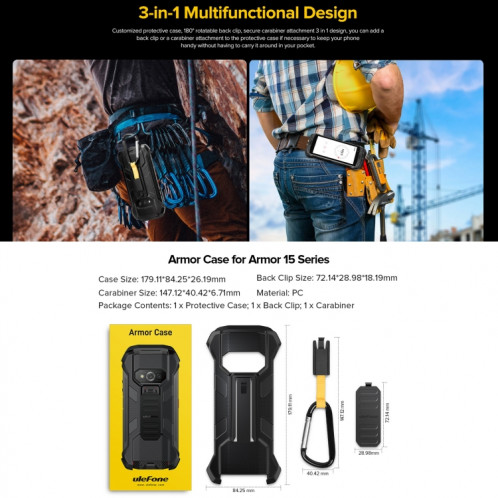 Pour Ulefone Power Armor 15 Ulefone Back Clip Phone Case avec Mousqueton (Noir) SU103B1882-06