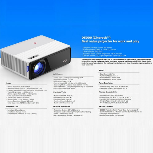 Vivibright D5000 1920X1080P 420ANSI 6000LUMENS LCD + LED HD Digital Projecteur, Version de base Plug SV15011321-09