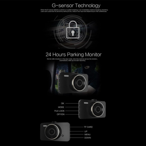 Anytek A78 3 pouces voiture 1080P HD 170 degrés enregistreur de conduite de vision nocturne SH05511540-06