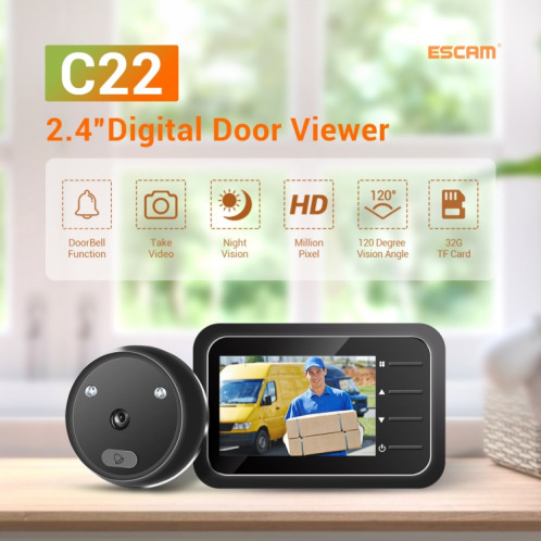 ESCAM C22 Visionneuse de porte numérique à écran numérique de 2,4 pouces, Vision nocturne de support, carte TF, prenez des photos et des vidéos SE1474215-09