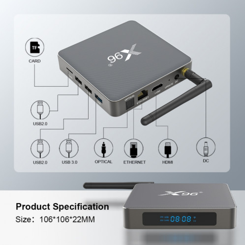 X96 X6 8K Smart TV Box Android 11.0 Player Media, RK3566 Quad Core Arm Cortex A55, RAM: 8 Go, ROM: 128 Go, Type de fiche: plug EU SH5801977-08