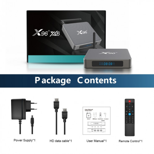 X96 X6 8K Smart TV Box Android 11.0 Player Media, RK3566 Quad Core Arm Cortex A55, RAM: 8 Go, ROM: 128 Go, Type de fiche: plug EU SH5801977-08