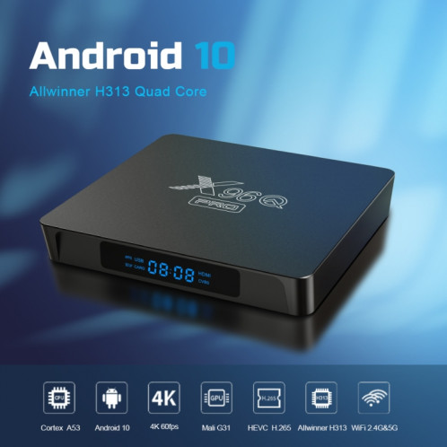 X96Q PRO 4K Smart TV Box Android 10.0 Media Player, Allwinner H313 Quad Core Arm Cortex A53, RAM: 1 Go, ROM: 8 Go, Type de fiche: Plux britannique SH6103616-010