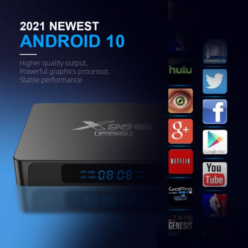 X96Q PRO 4K Smart TV Box Android 10.0 Media Player, Allwinner H313 Quad Core Arm Cortex A53, RAM: 1 Go, ROM: 8 Go, Type de fiche: Plux britannique SH6103616-010