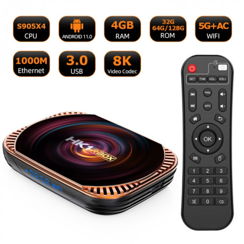 MECOOL HK1RBOX X4 4K TV Box, CPU Android 11 Amlogic S905X4 avec RC 4GB + 128 Go (Plug AU) SM603D677-07