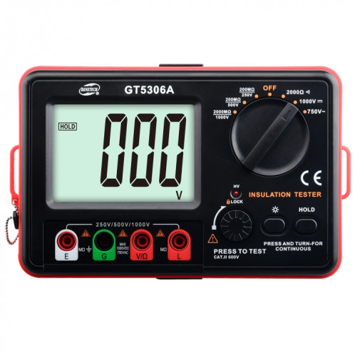 Testeur de résistance à l'isolation Benetech GT5306A, batterie non incluse SB23001320-09